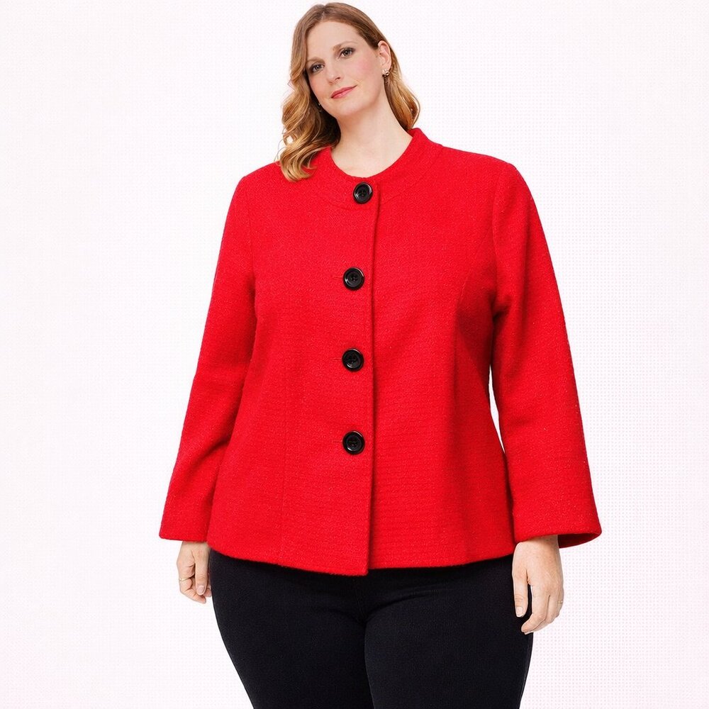 Dress barn red petite cropped crew neckline button down blazer Size: M